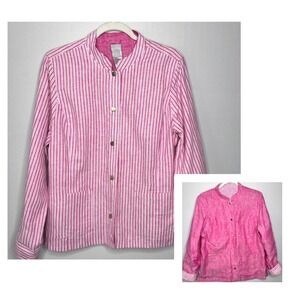 Chicos Reversible Linen Jacket Size 2/12-14 Pink White Striped‎ Snap Classic